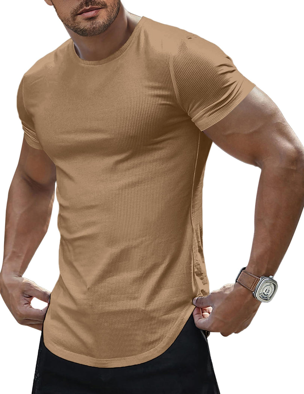 JMIERR Mens Short Sleeve T Shirt Summer Muscle Slim Fitted Crewneck Longline Tees Shirts for Gym Workout