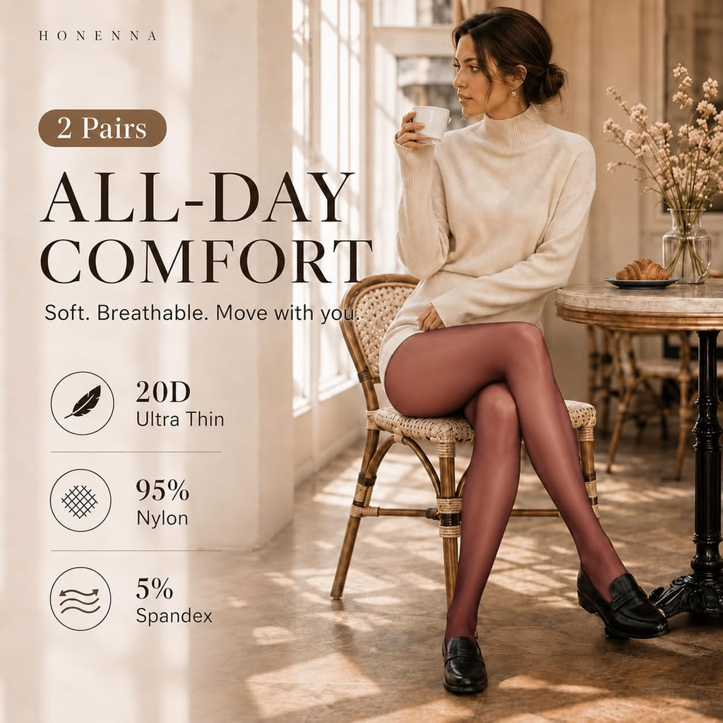 HONENNA Sheer Tights for Women 2 Pairs Ultra Thin Reinforced T Crotch Control Top Pantyhose Stockings