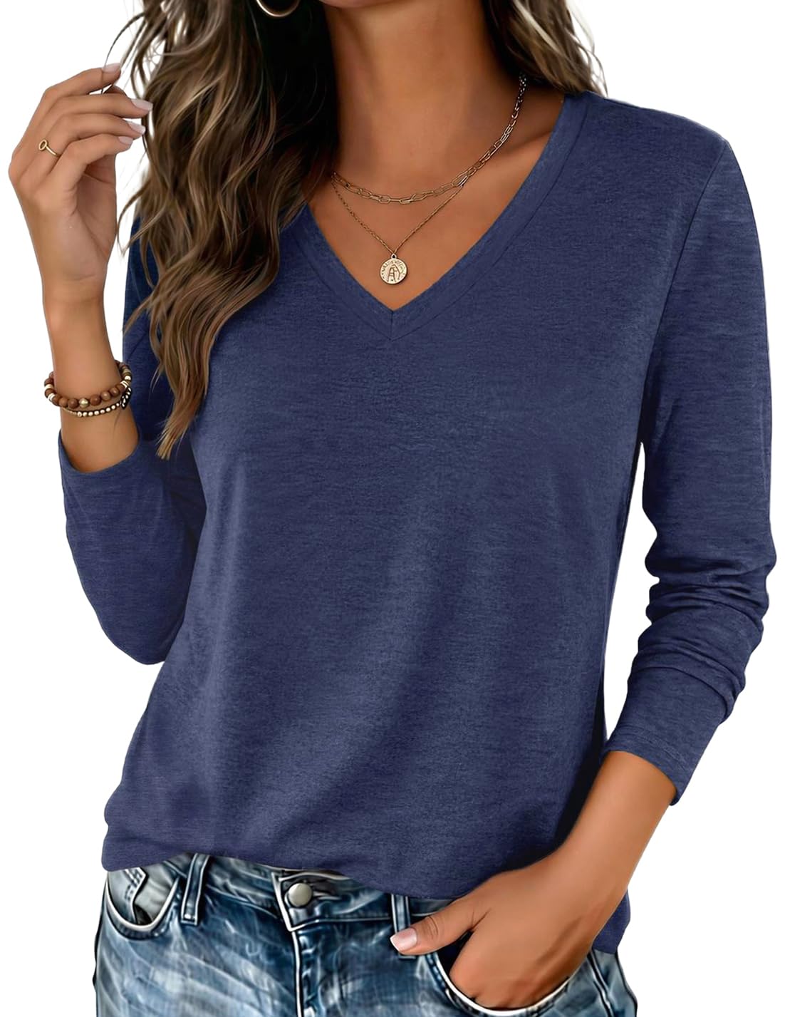 Zeagoo Womens Shirts Long Sleeve Tops V Neck Casual Basic Tee Fall Outfits