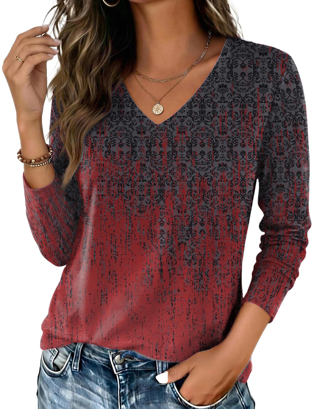 Zeagoo Womens Shirts Long Sleeve Tops V Neck Casual Basic Tee Fall Outfits