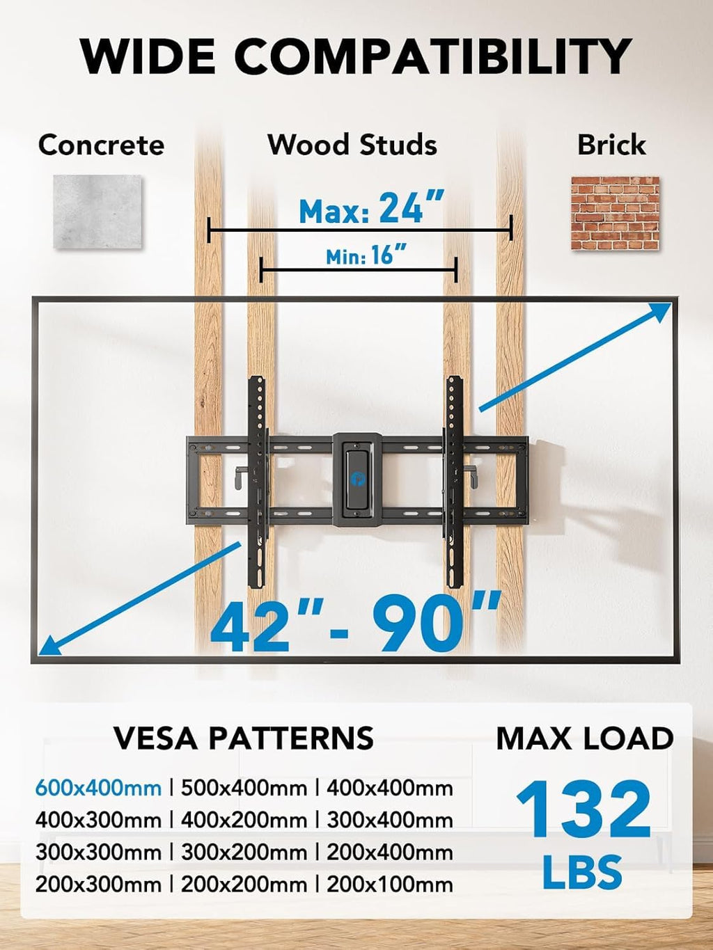 Pipishell TV Wall Mount for 26-74 inch LED LCD OLED 4K TVs up to 99lbs, Full Motion TV Mount Bracket Articulating Swivel Extension Tilting Leveling Max VESA 400x400mm, Fits 12/16 Inch Wood Studs