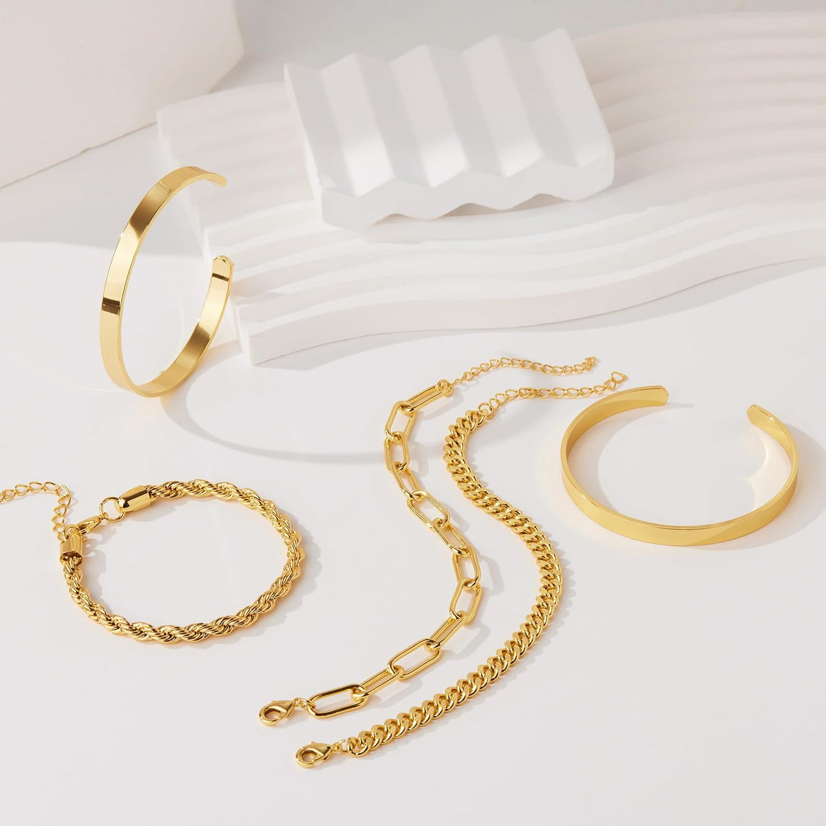 Gokeey Gold Bracelets Set for Women Non Tarnish, Waterproof 14K Gold Plated Sterling Silver Chunky Cuff Bracelet Stackable Gold Bangles Bracelet for Women Trendy Fashion Accessories Tie Knot Cuban Rope Paperclip Beaded Bracelet Stack Jewelry Mothers Day G