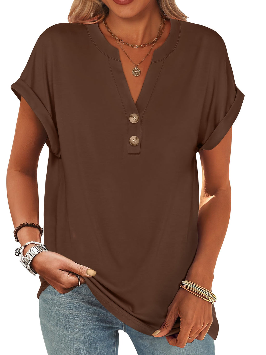 ANRABESS Womens Short Sleeve Henley Tops Summer Shirts Dressy Casual Blouse