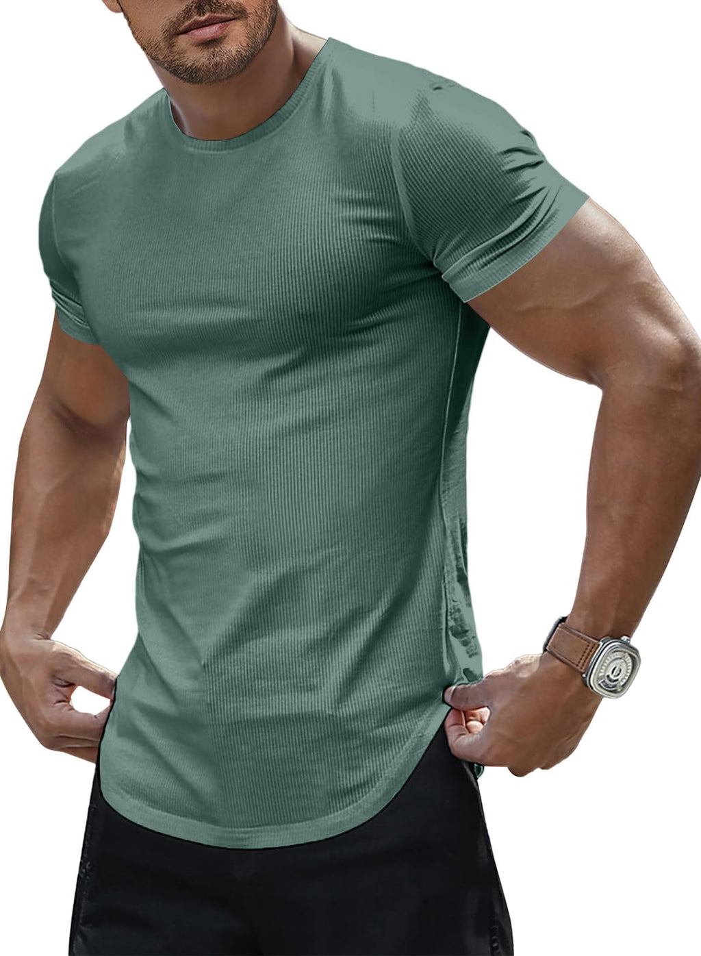 JMIERR Mens Short Sleeve T Shirt Summer Muscle Slim Fitted Crewneck Longline Tees Shirts for Gym Workout