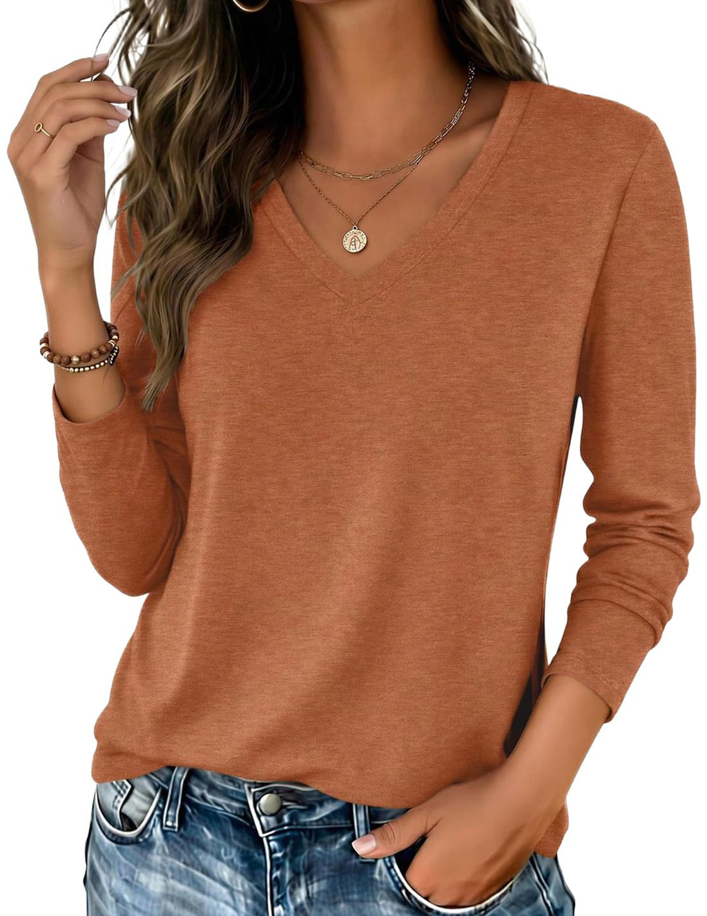Zeagoo Womens Shirts Long Sleeve Tops V Neck Casual Basic Tee Fall Outfits