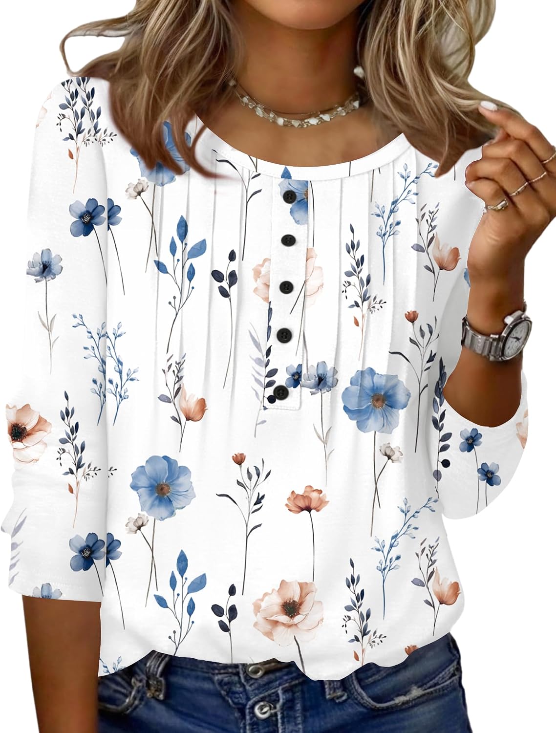 Zeagoo 3/4 Length Sleeve Womens Tops Round Neck Casual Summer Tunic Tops Basic Tees Blouses Dressy T-Shirts Pleated Shirts