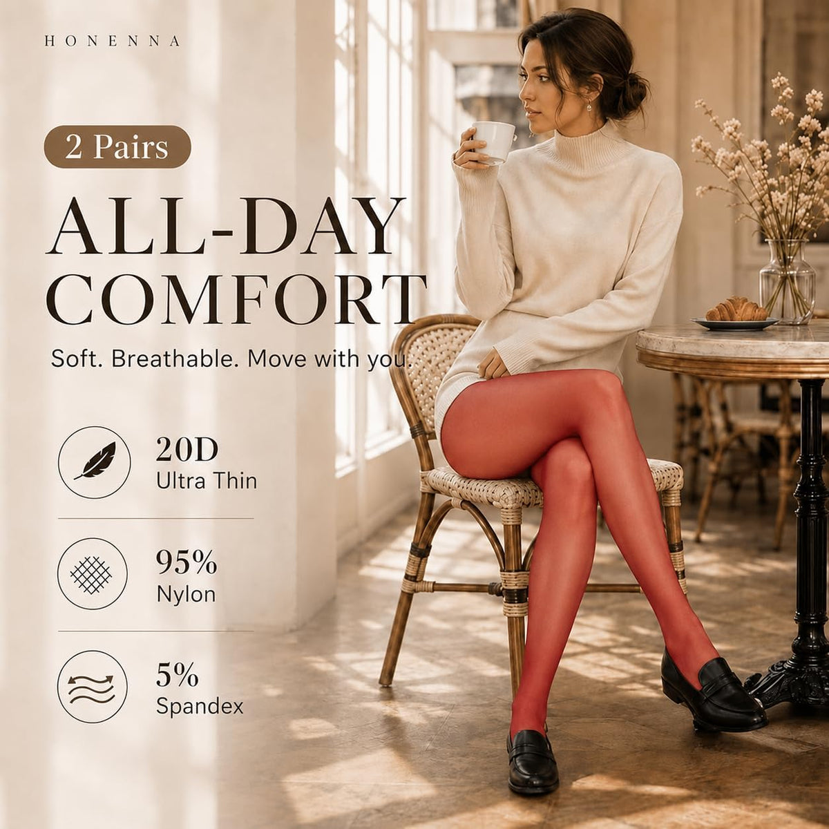 HONENNA Sheer Tights for Women 2 Pairs Ultra Thin Reinforced T Crotch Control Top Pantyhose Stockings