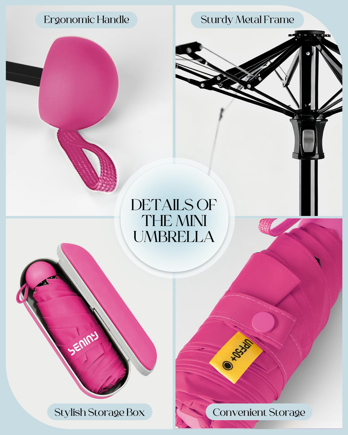 Seniny Mini Travel Umbrella with Case, Compact Pocket Size UV Sun & Rain