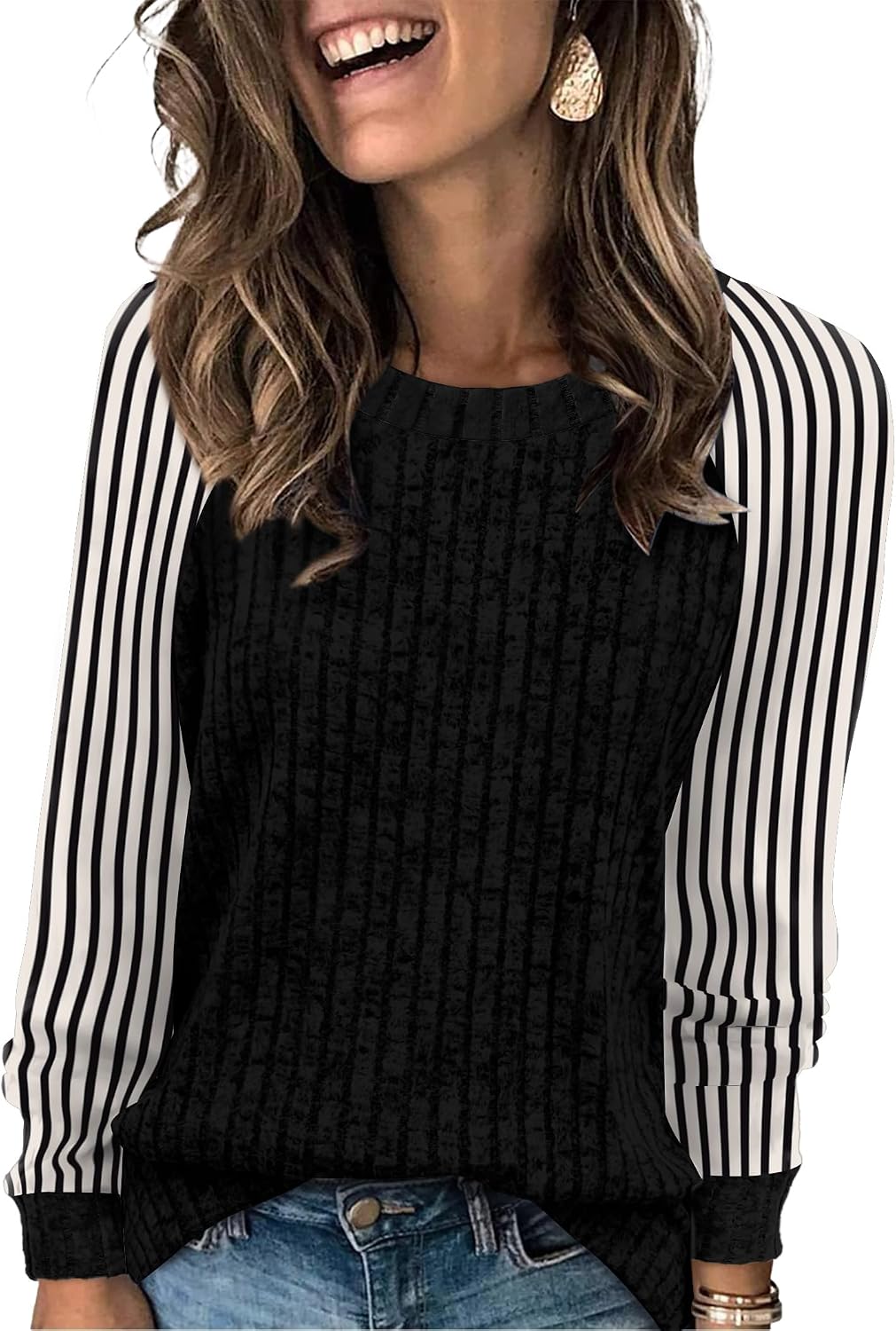 WIHOLL Long Sleeve Shirts for Women Lightweight Sweaters Fall Outfits 2026 Color Block Winter Clothing Dressy Casual Soft