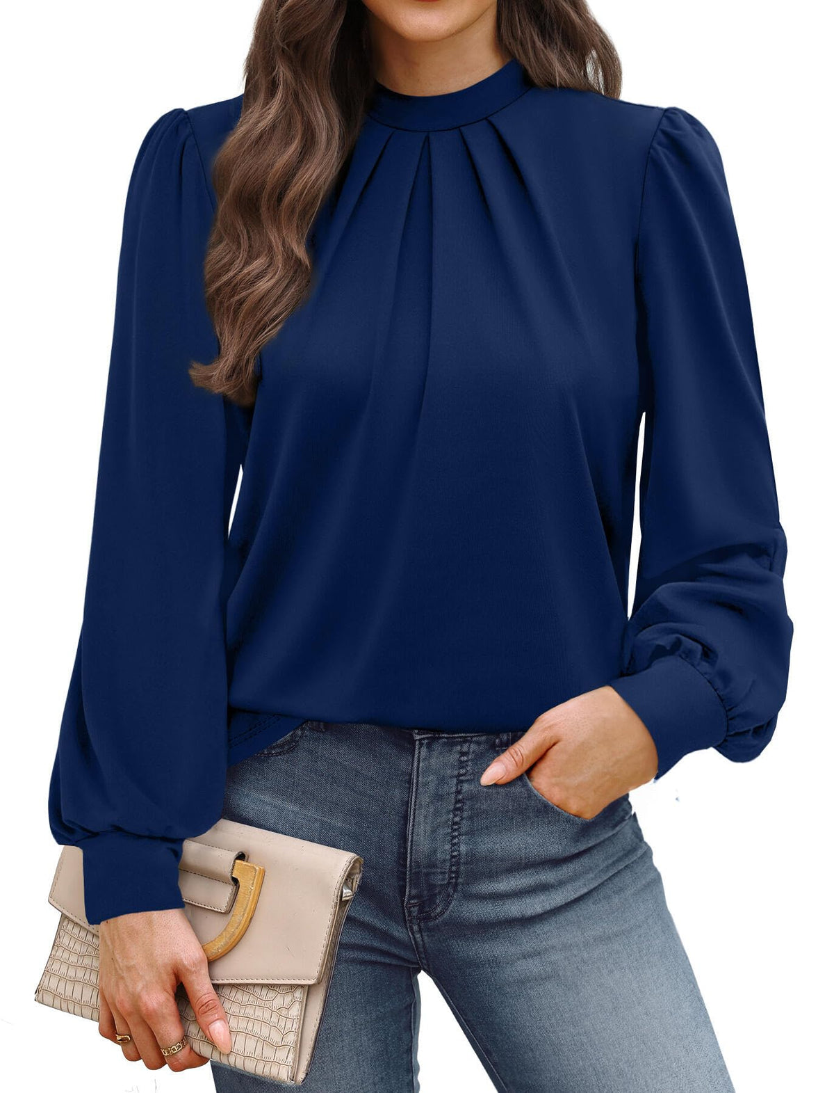 WIHOLL Long Sleeve Shirts for Women Mock Neck Tops Pleated Front Blouses Dressy Casual Spring Fall Clothes 2026 Fashion