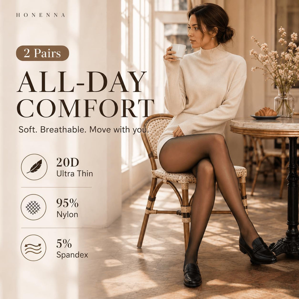 HONENNA Sheer Tights for Women 2 Pairs Ultra Thin Reinforced T Crotch Control Top Pantyhose Stockings