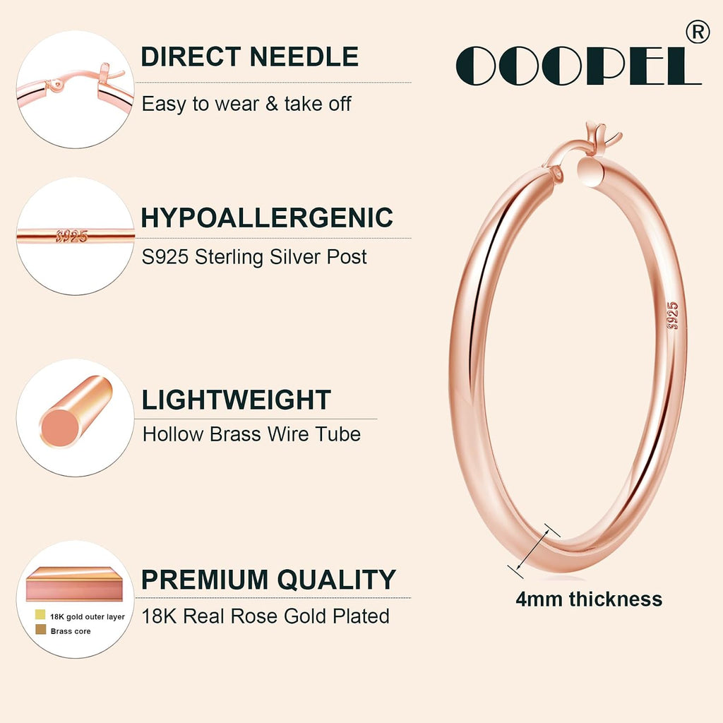 4mm Thick Gold Chunky Earrings Steling Silver Post Hoops Earrings For Women Hollow Tube Hoops Earrings Thick Gold Hoop Earrings Hypoallergenic Lightweight Gold Hoop Large Earrings 20/30/40/50/60MM