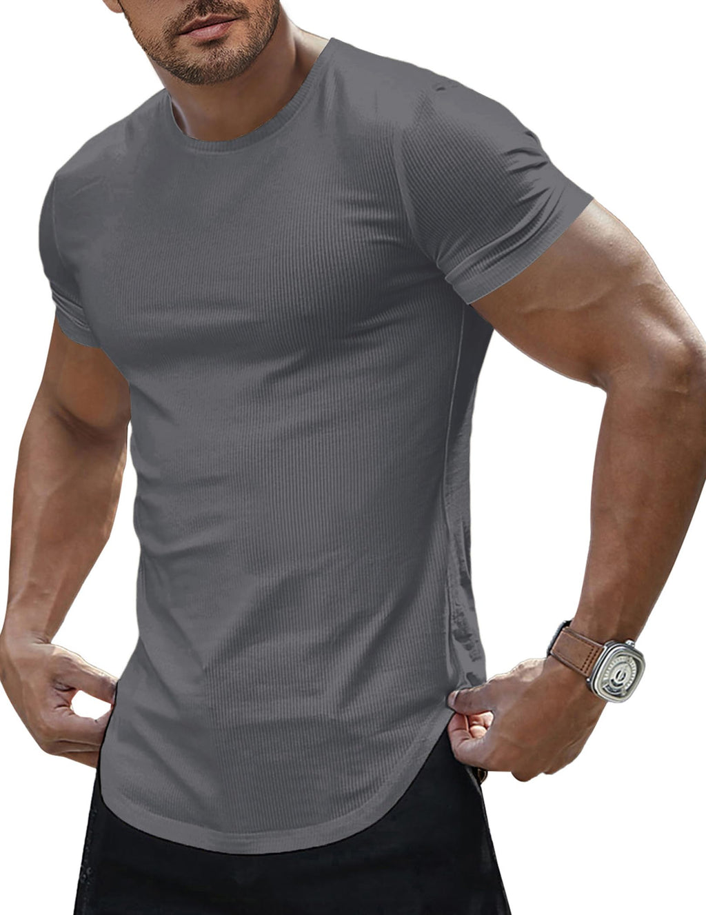 JMIERR Mens Short Sleeve T Shirt Summer Muscle Slim Fitted Crewneck Longline Tees Shirts for Gym Workout