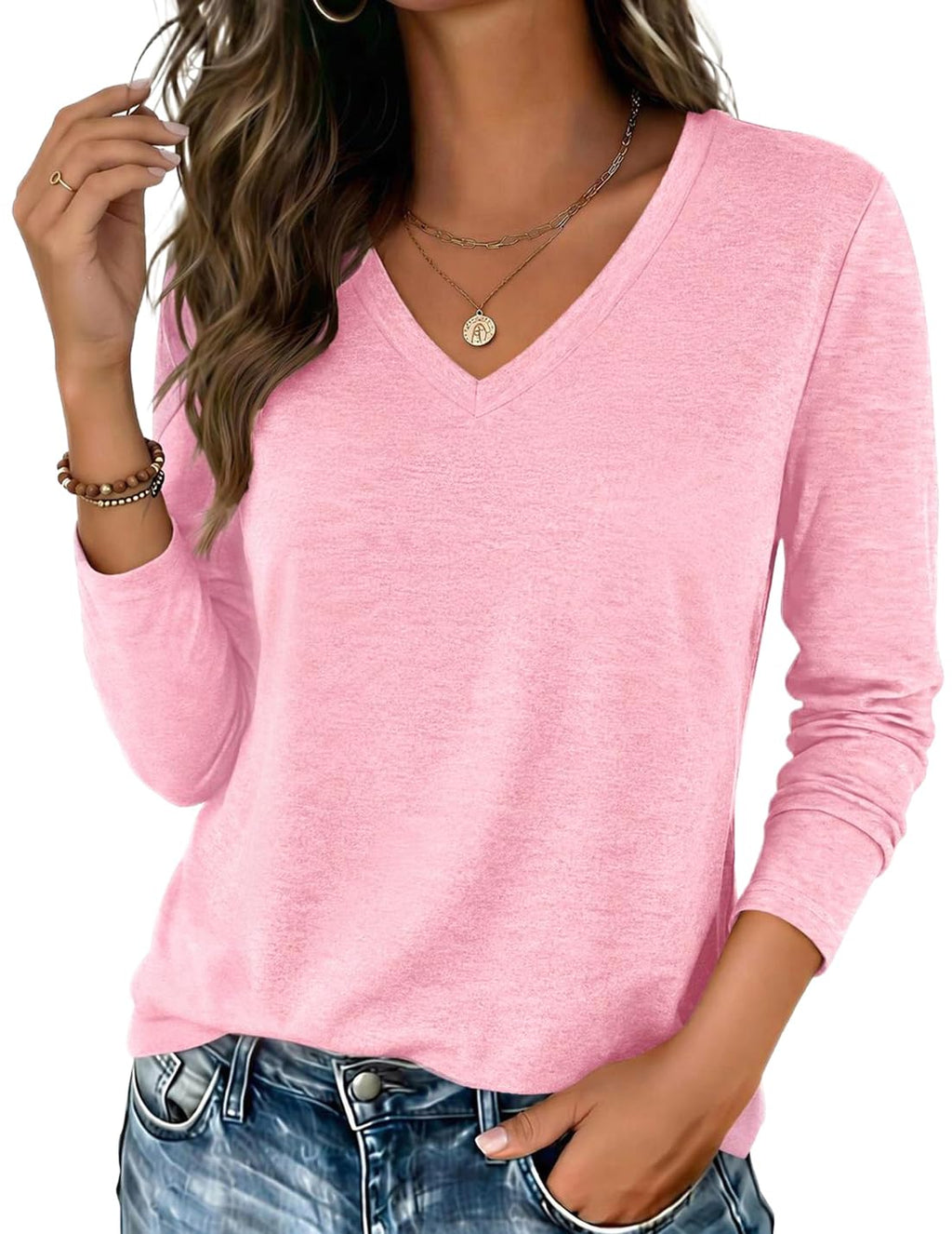 Zeagoo Womens Shirts Long Sleeve Tops V Neck Casual Basic Tee Fall Outfits