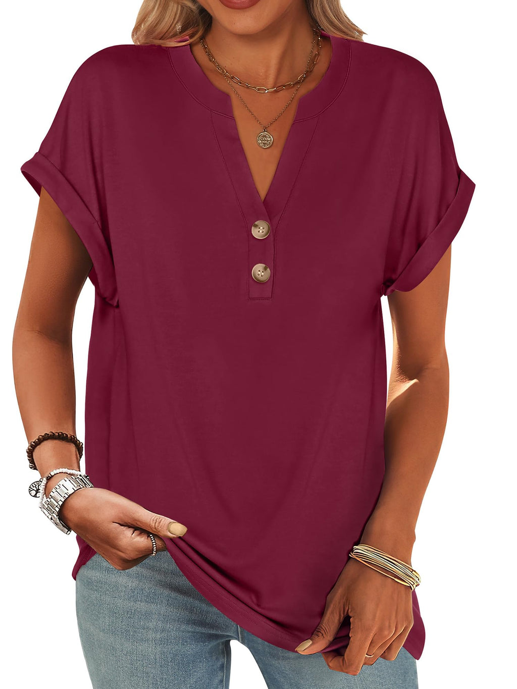 ANRABESS Womens Short Sleeve Henley Tops Summer Shirts Dressy Casual Blouse
