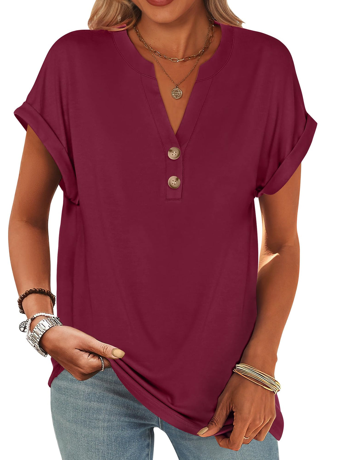 ANRABESS Womens Short Sleeve Henley Tops Summer Shirts Dressy Casual Blouse