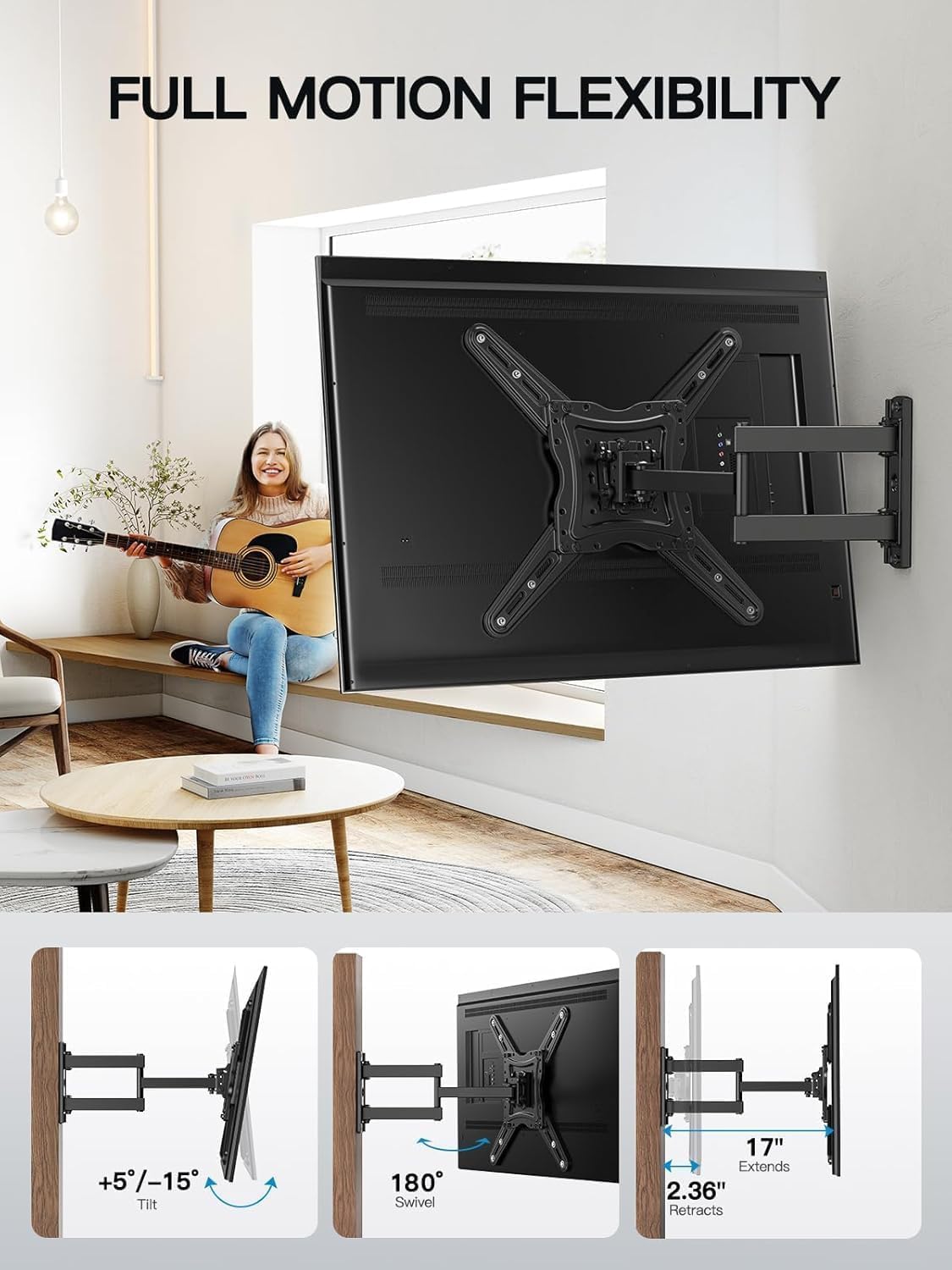 Pipishell TV Wall Mount for 26-74 inch LED LCD OLED 4K TVs up to 99lbs, Full Motion TV Mount Bracket Articulating Swivel Extension Tilting Leveling Max VESA 400x400mm, Fits 12/16 Inch Wood Studs