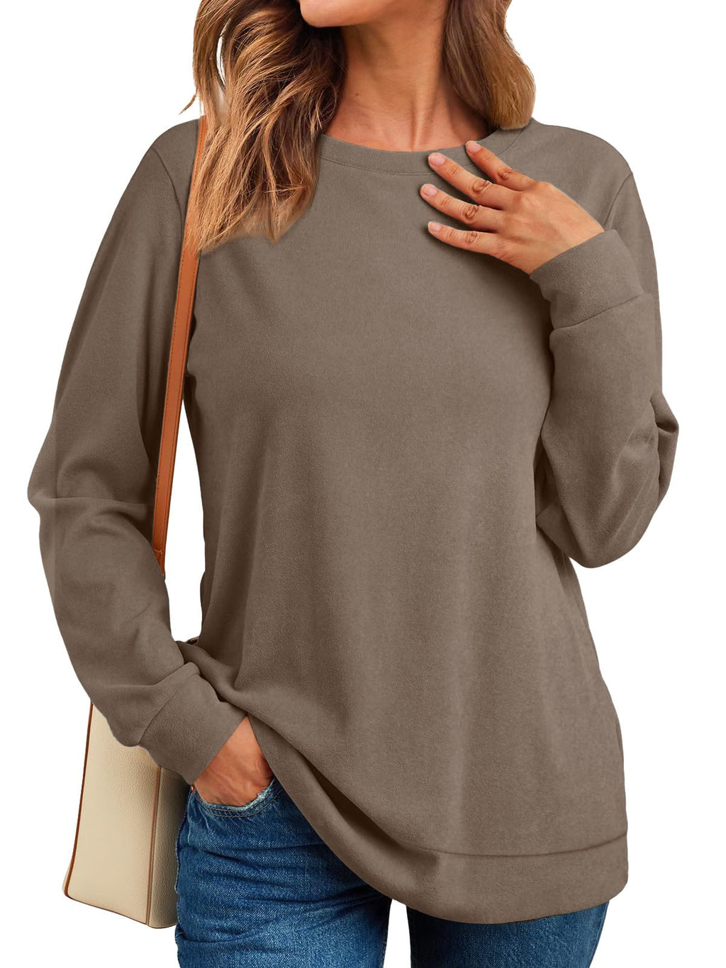 RUMIA Crewneck Fall Sweatshirt for Women Plain Long Sleeve Top with Pocket
