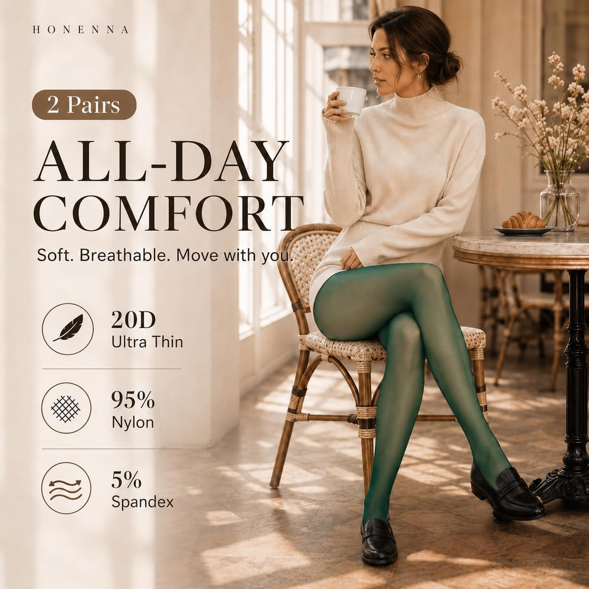 HONENNA Sheer Tights for Women 2 Pairs Ultra Thin Reinforced T Crotch Control Top Pantyhose Stockings