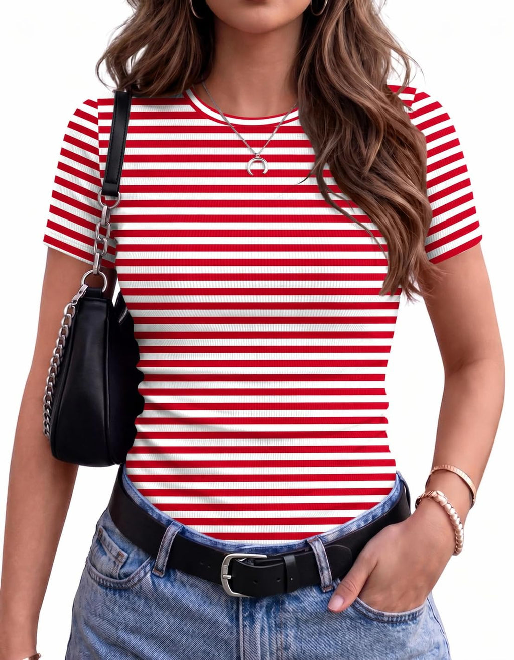 Zeagoo Women's Ribbed Short Sleeve Tops Crewneck Stretch Basic Tshirt S-2XL
