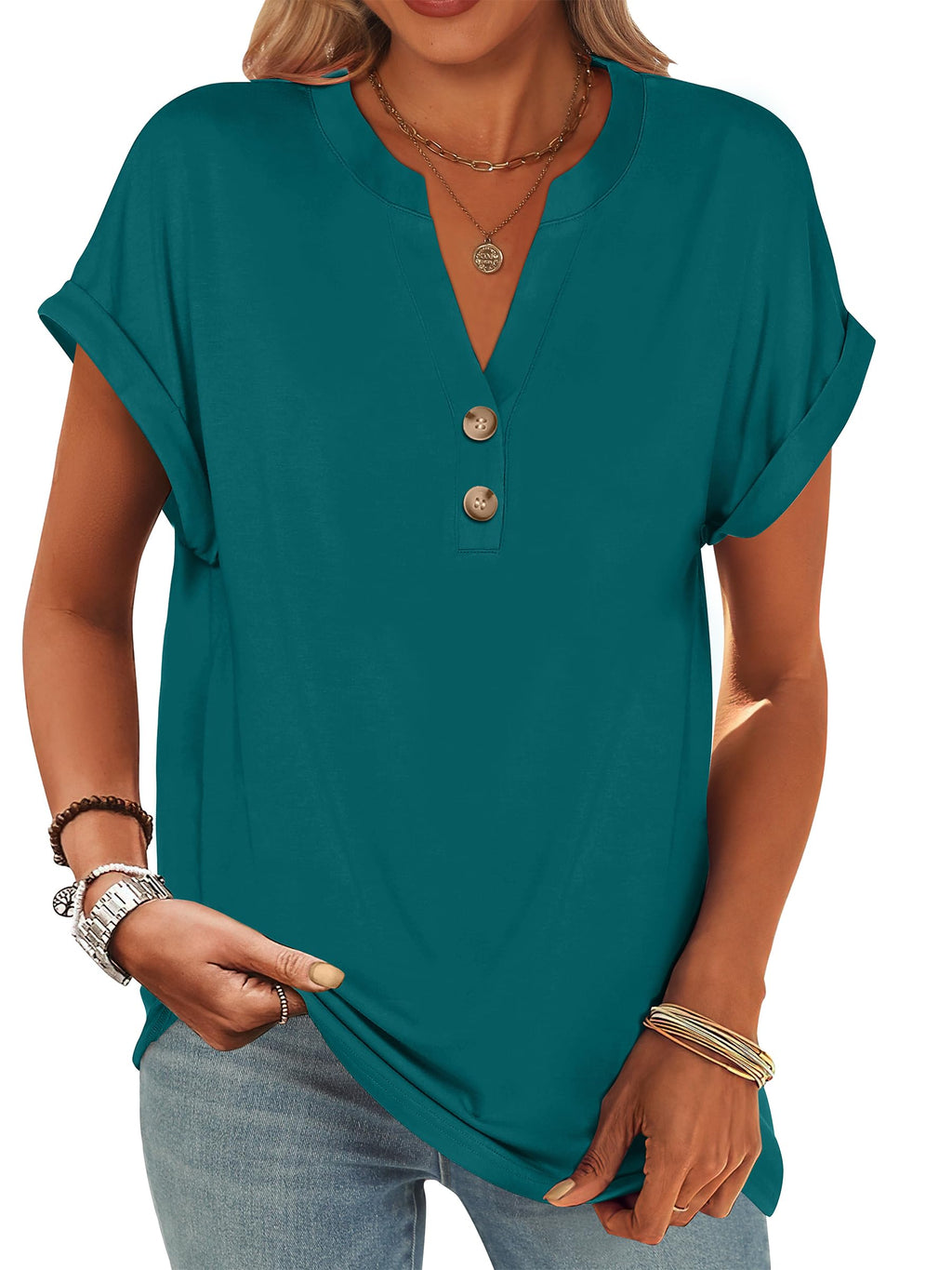 ANRABESS Womens Short Sleeve Henley Tops Summer Shirts Dressy Casual Blouse