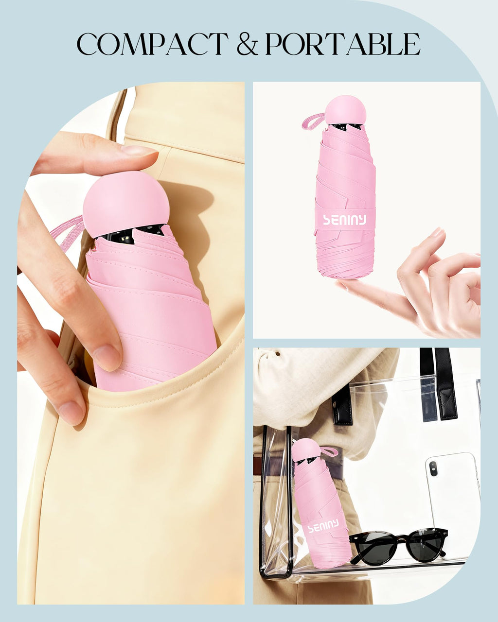 Seniny Mini Travel Umbrella with Case, Compact Pocket Size UV Sun & Rain