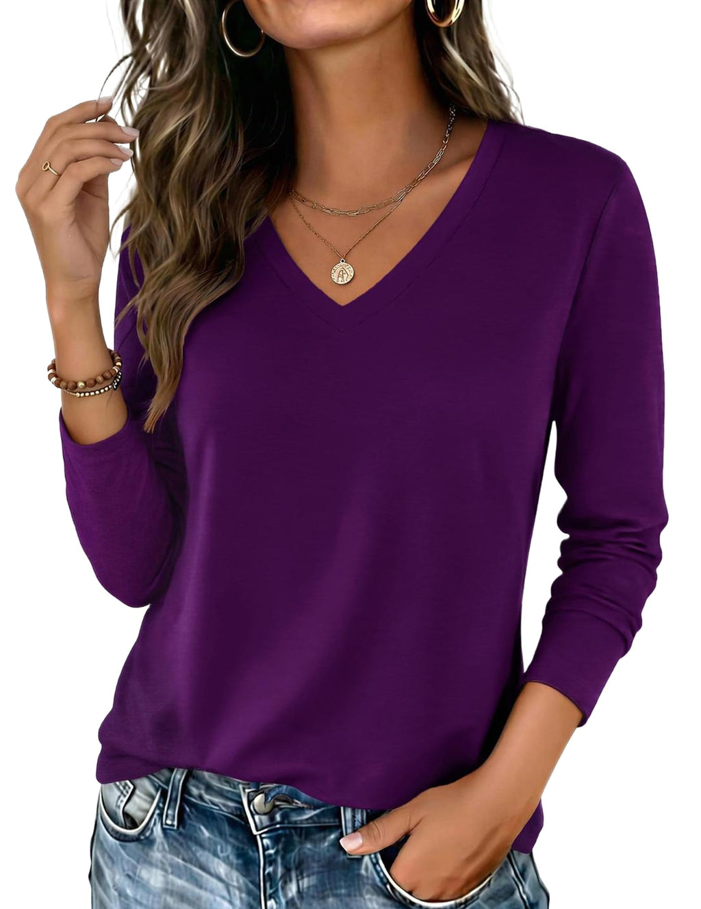 Zeagoo Womens Shirts Long Sleeve Tops V Neck Casual Basic Tee Fall Outfits