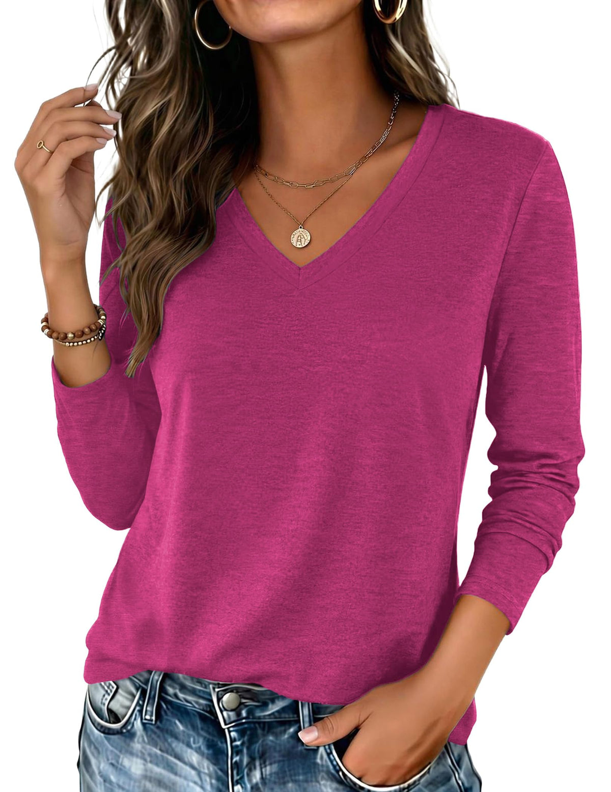 Zeagoo Womens Shirts Long Sleeve Tops V Neck Casual Basic Tee Fall Outfits