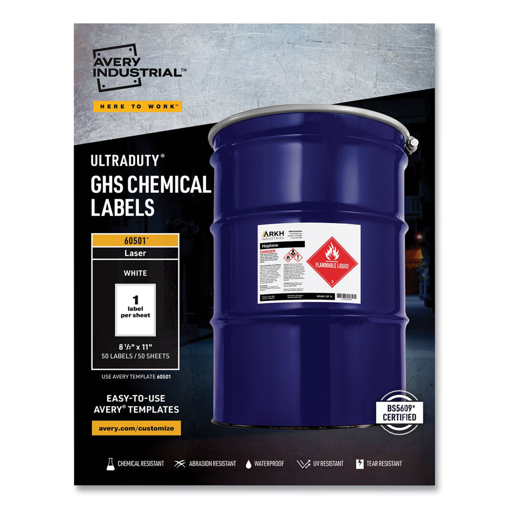 Avery UltraDuty GHS Chemical Waterproof and UV Resistant Labels, 8.5 x 11, White, 50/Box