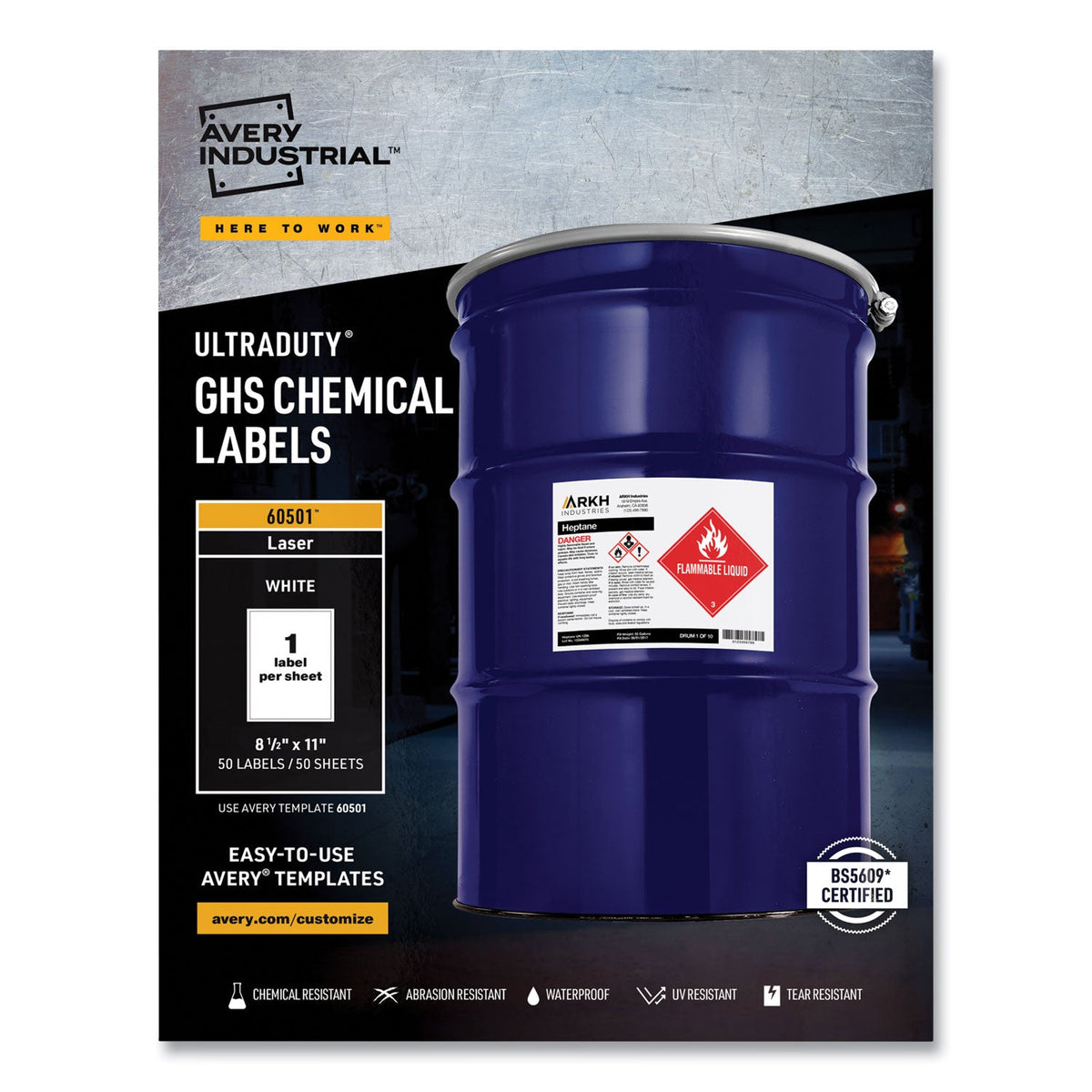 Avery UltraDuty GHS Chemical Waterproof and UV Resistant Labels, 8.5 x 11, White, 50/Box