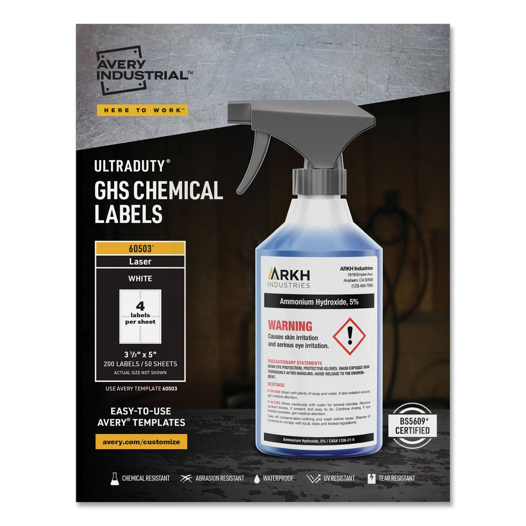 Avery UltraDuty GHS Chemical Waterproof and UV Resistant Labels, 3.5 x 5, White, 4/Sheet, 50 Sheets/Box