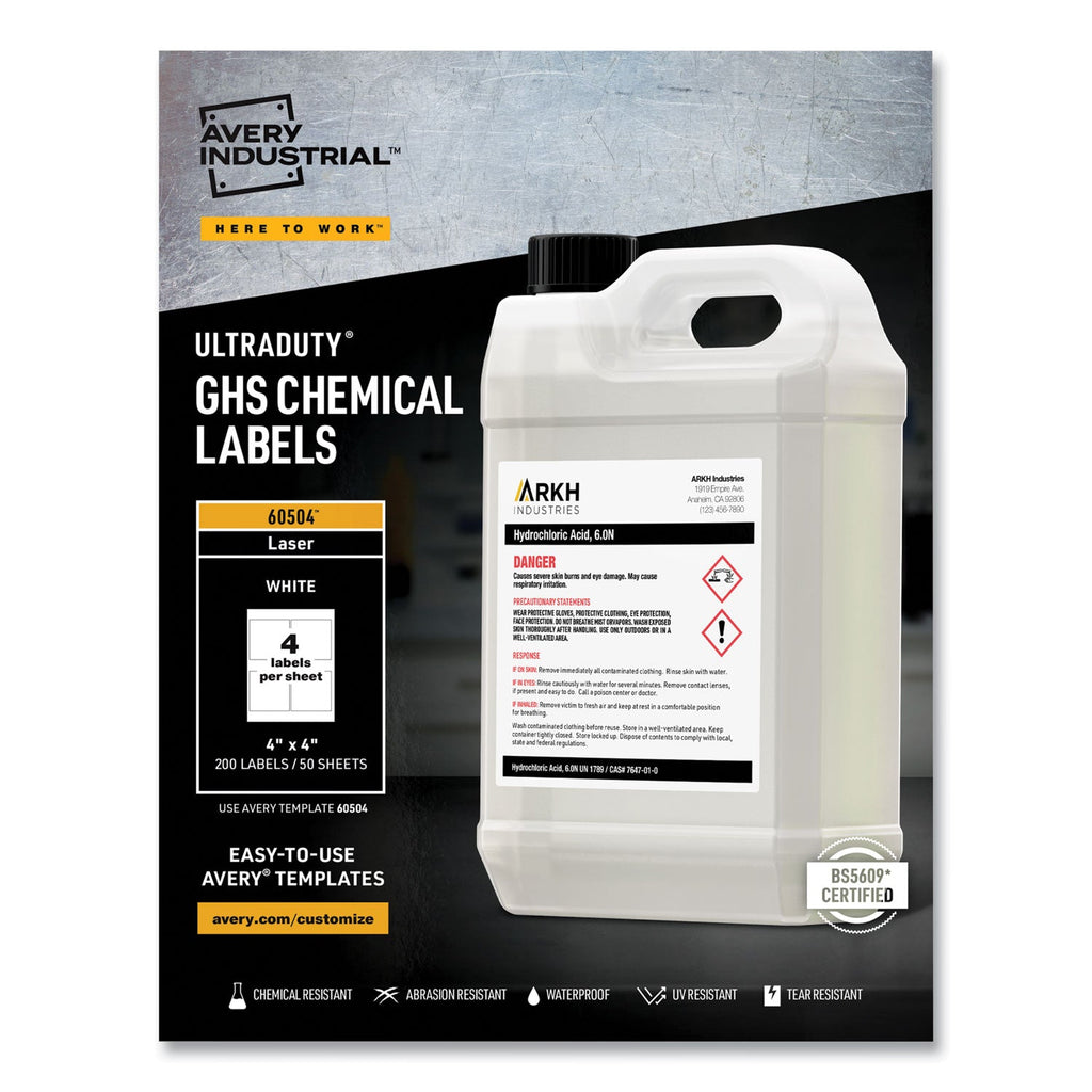 Avery UltraDuty GHS Chemical Waterproof and UV Resistant Labels, 4 x 4, White, 4/Sheet, 50 Sheets/Box