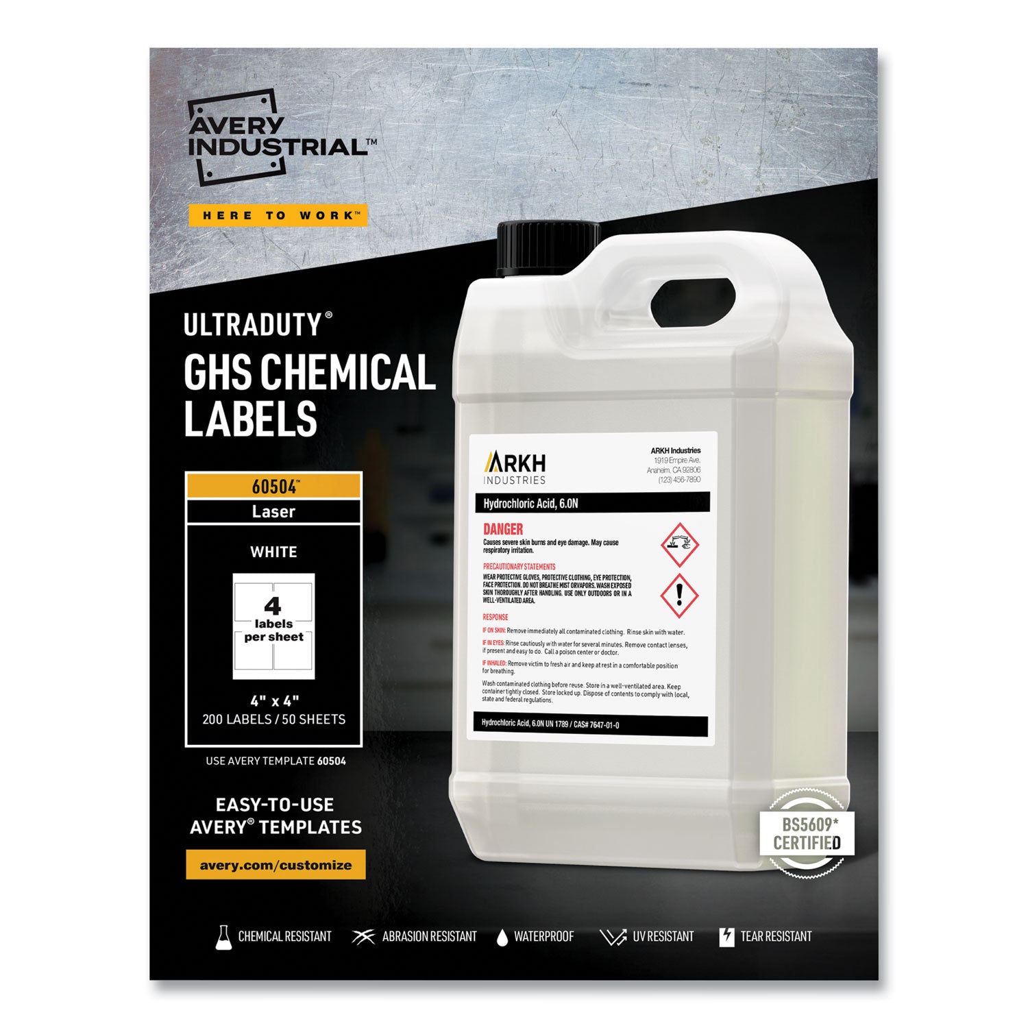 Avery UltraDuty GHS Chemical Waterproof and UV Resistant Labels, 4 x 4, White, 4/Sheet, 50 Sheets/Box