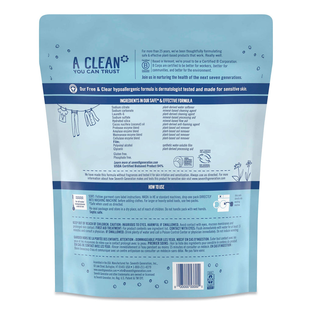 Seventh Generation Natural Laundry Detergent Packs, Powder, Unscented, 45 Packets/Pack, 8/Carton