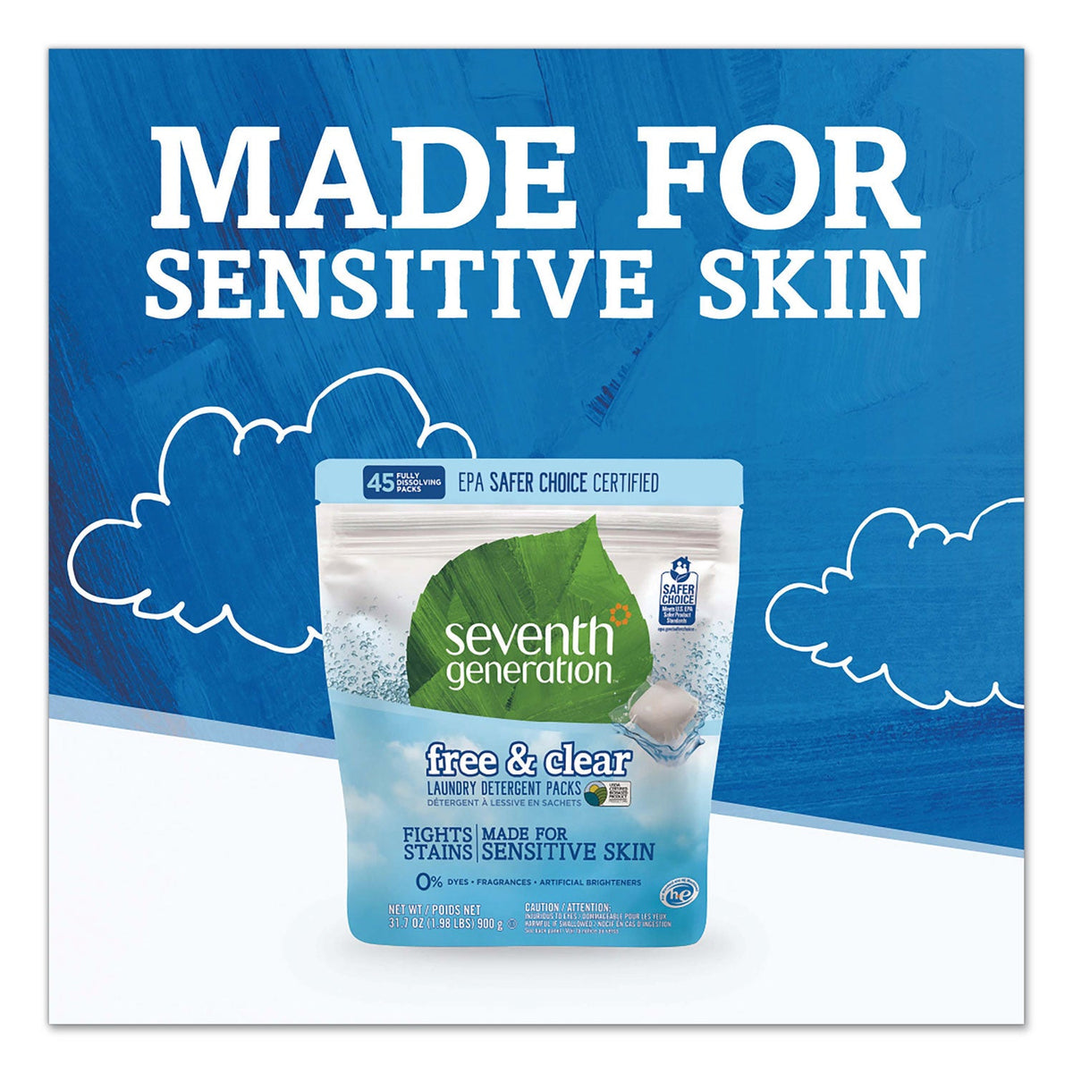 Seventh Generation Natural Laundry Detergent Packs, Powder, Unscented, 45 Packets/Pack, 8/Carton