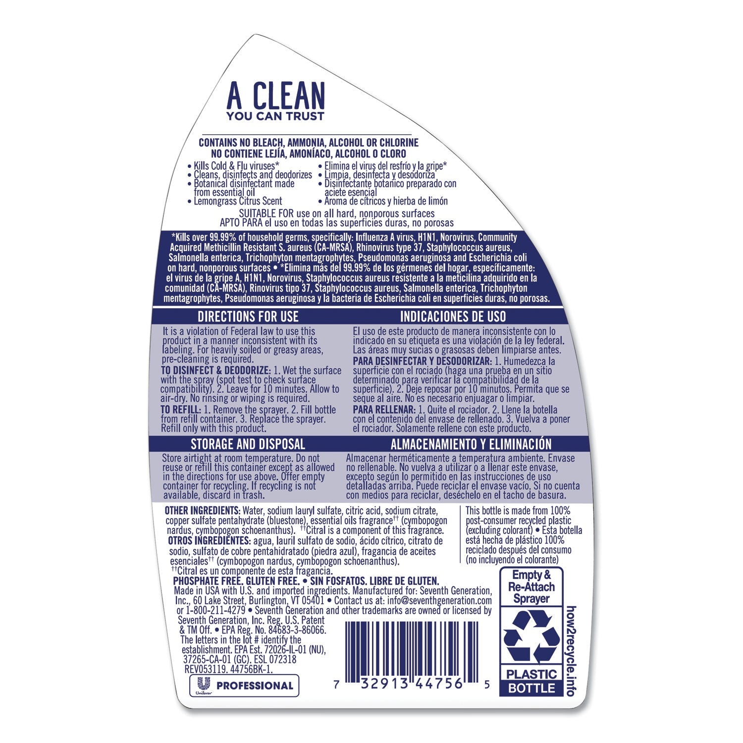 Seventh Generation Disinfecting Bathroom Cleaner, Lemongrass Citrus, 32 oz Spray Bottle