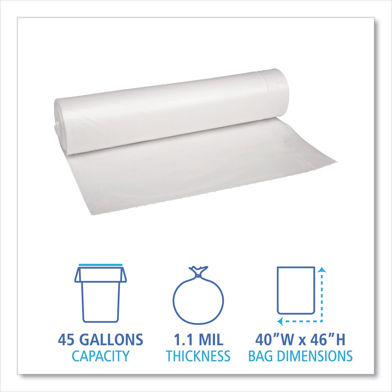 Boardwalk Low Density Repro Can Liners, 45 gal, 1.1 mil, 40" x 46", Clear, 10 Bags/Roll, 10 Rolls/Carton