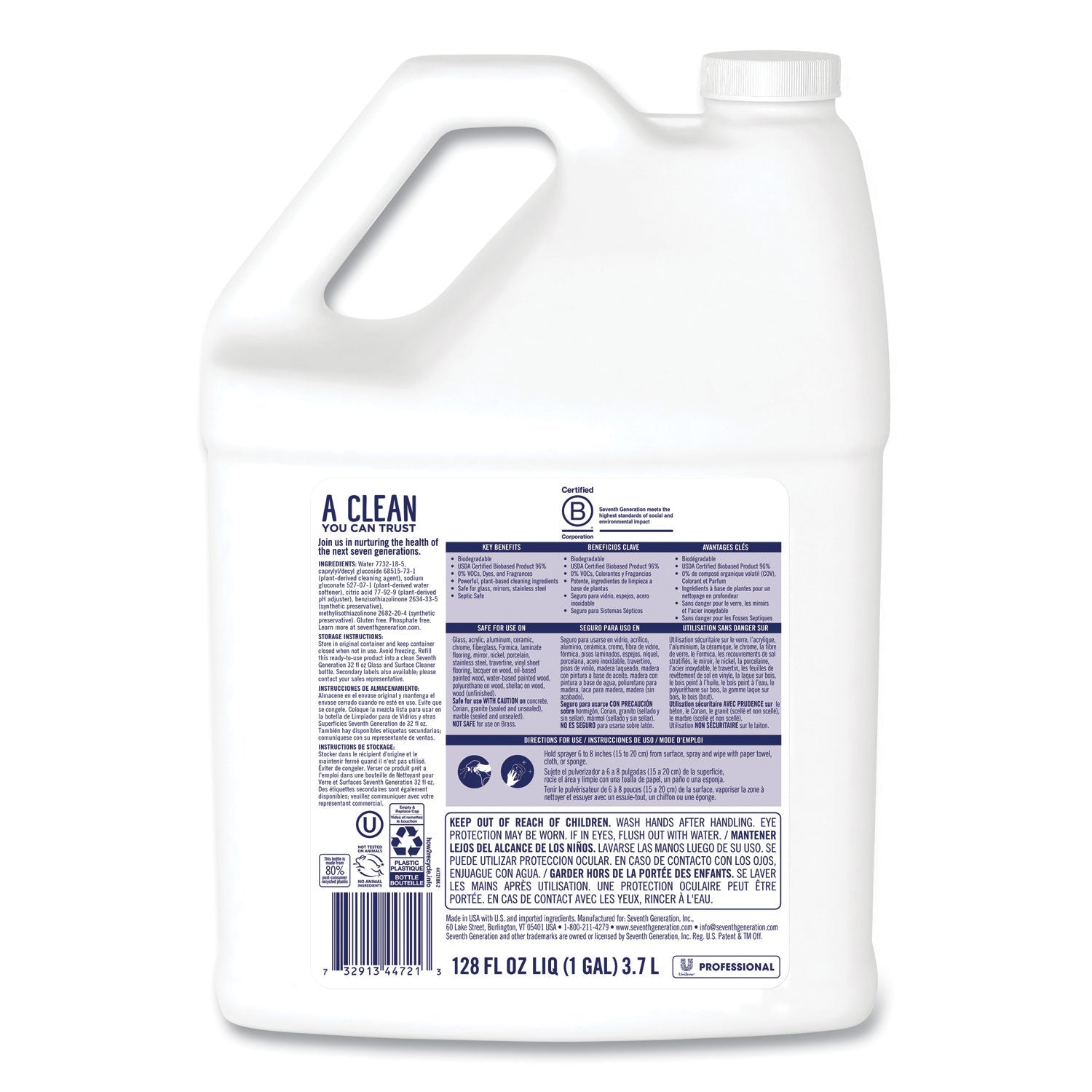 Seventh Generation Glass and Surface Cleaner, Free and Clear, 1 gal Bottle, 2/Carton
