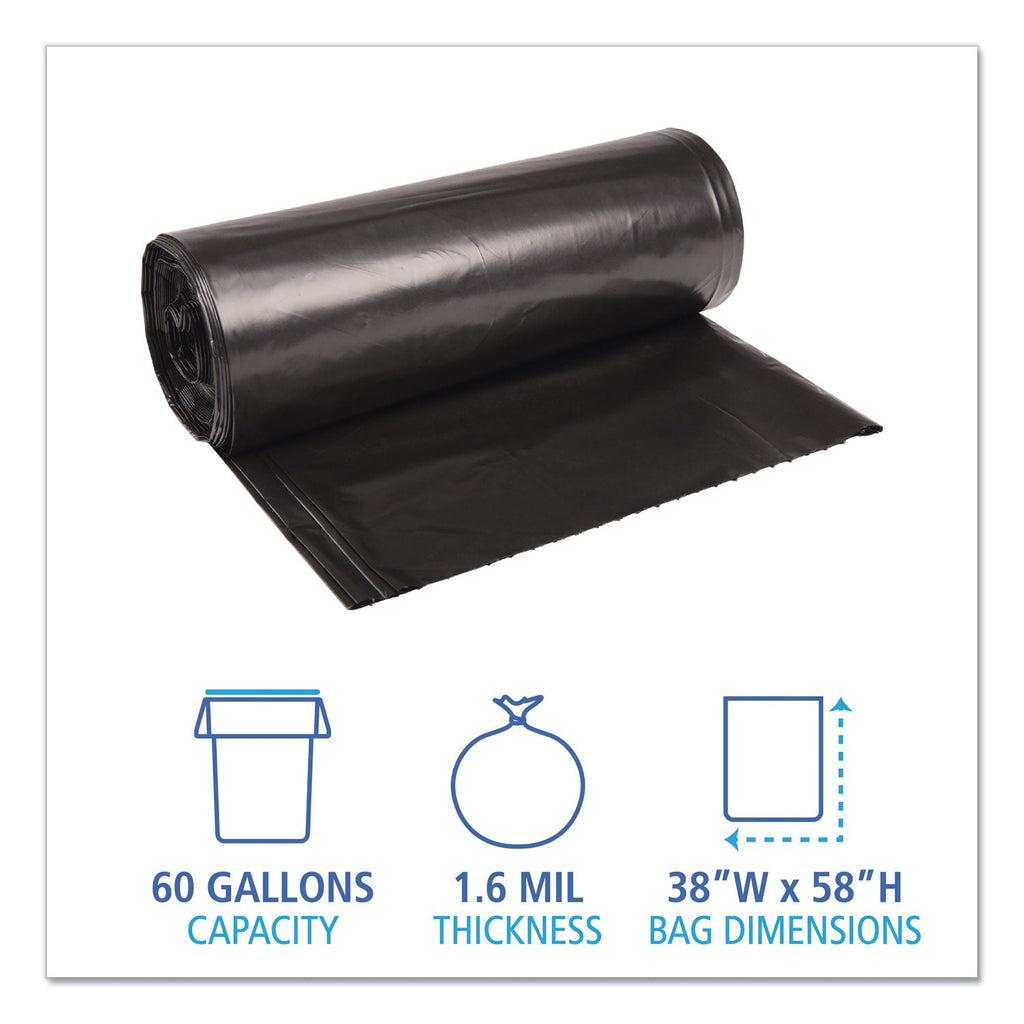 Boardwalk Low Density Repro Can Liners, 60 gal, 1.6 mil, 38" x 58", Black, 10 Bags/Roll, 10 Rolls/Carton