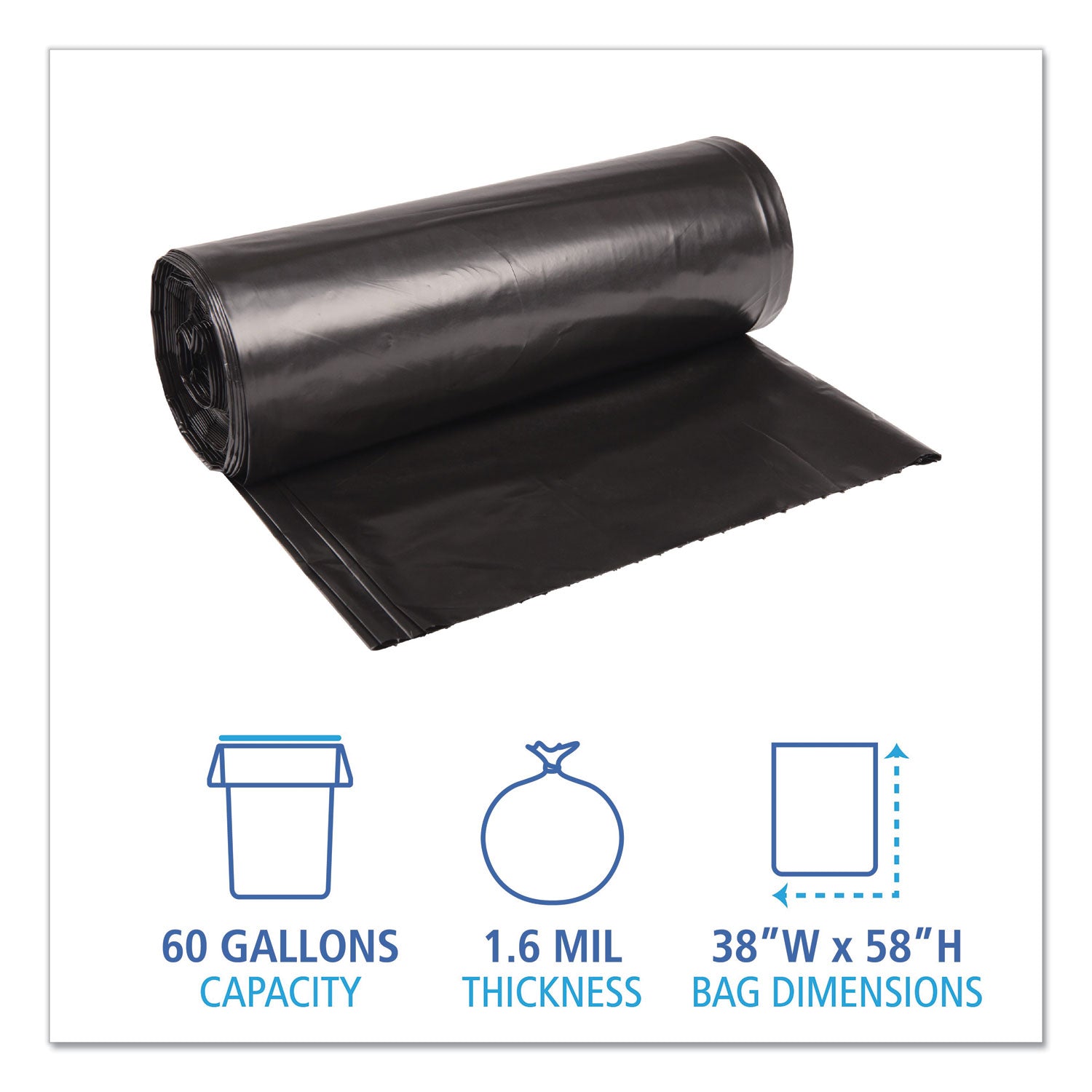 Boardwalk Low Density Repro Can Liners, 60 gal, 1.6 mil, 38" x 58", Black, 10 Bags/Roll, 10 Rolls/Carton