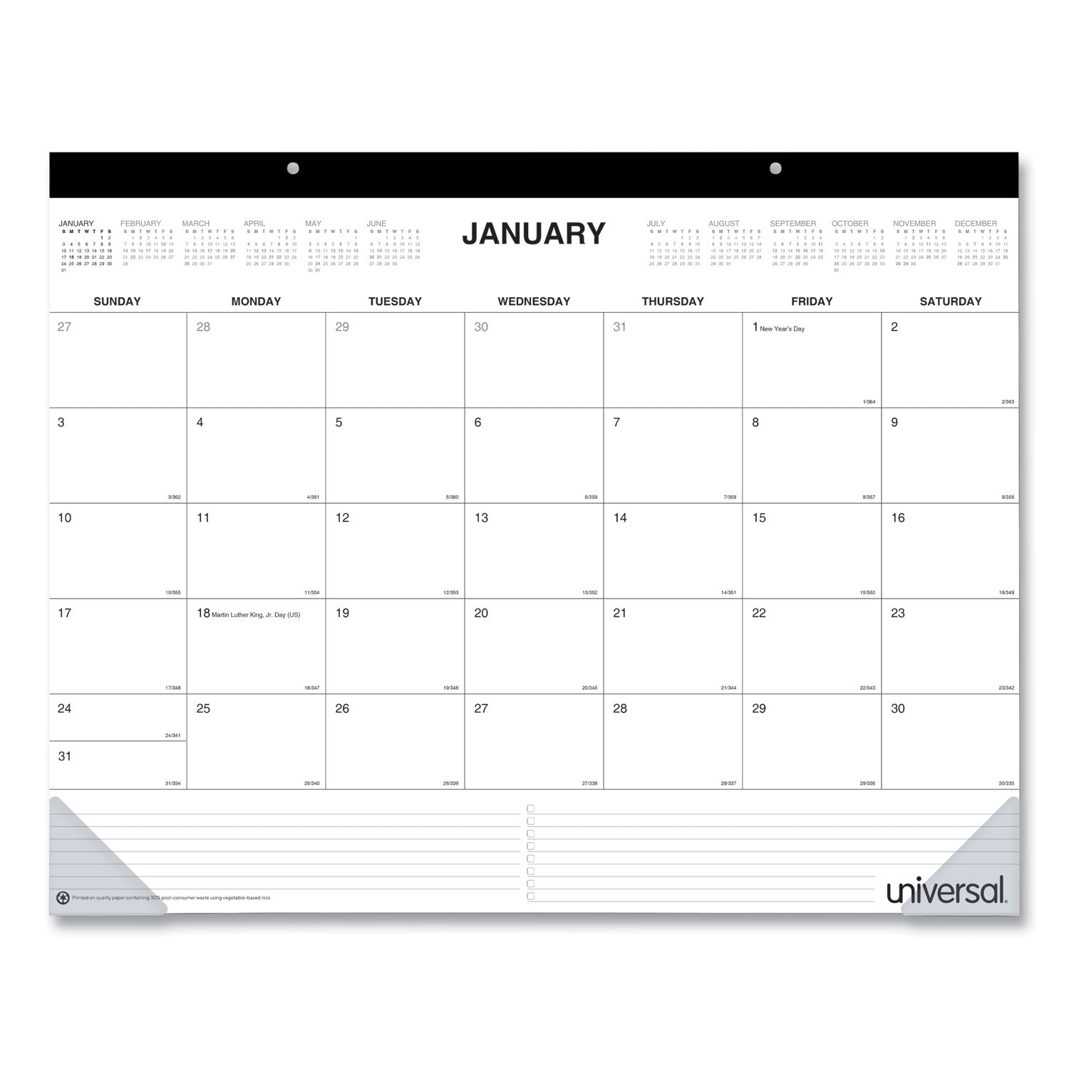 Universal Desk Pad Calendar, 22 x 17, White/Black Sheets, Black Binding, Clear Corners, 12-Month (Jan to Dec): 2023