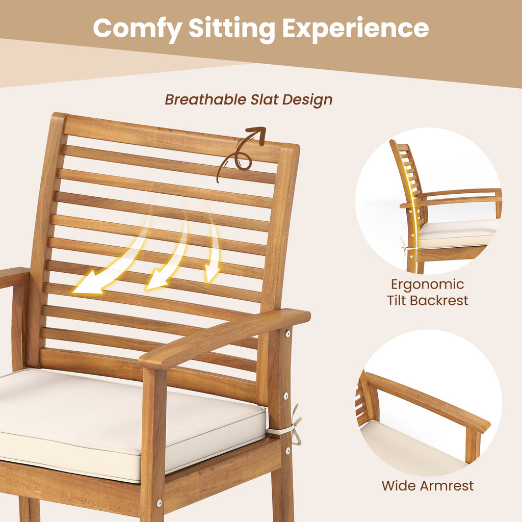 Outdoor Patio Dining Chairs Set of 2 with Removable Padded Cushion and Slatted Backrest-Beige