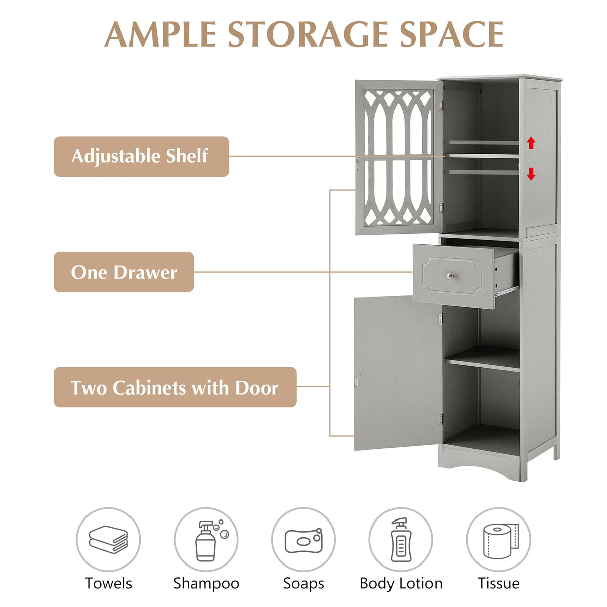 Tall Bathroom Cabinet, Freestanding Storage Cabinet with Drawer and Doors, MDF Board, Acrylic Door, Adjustable Shelf, Grey