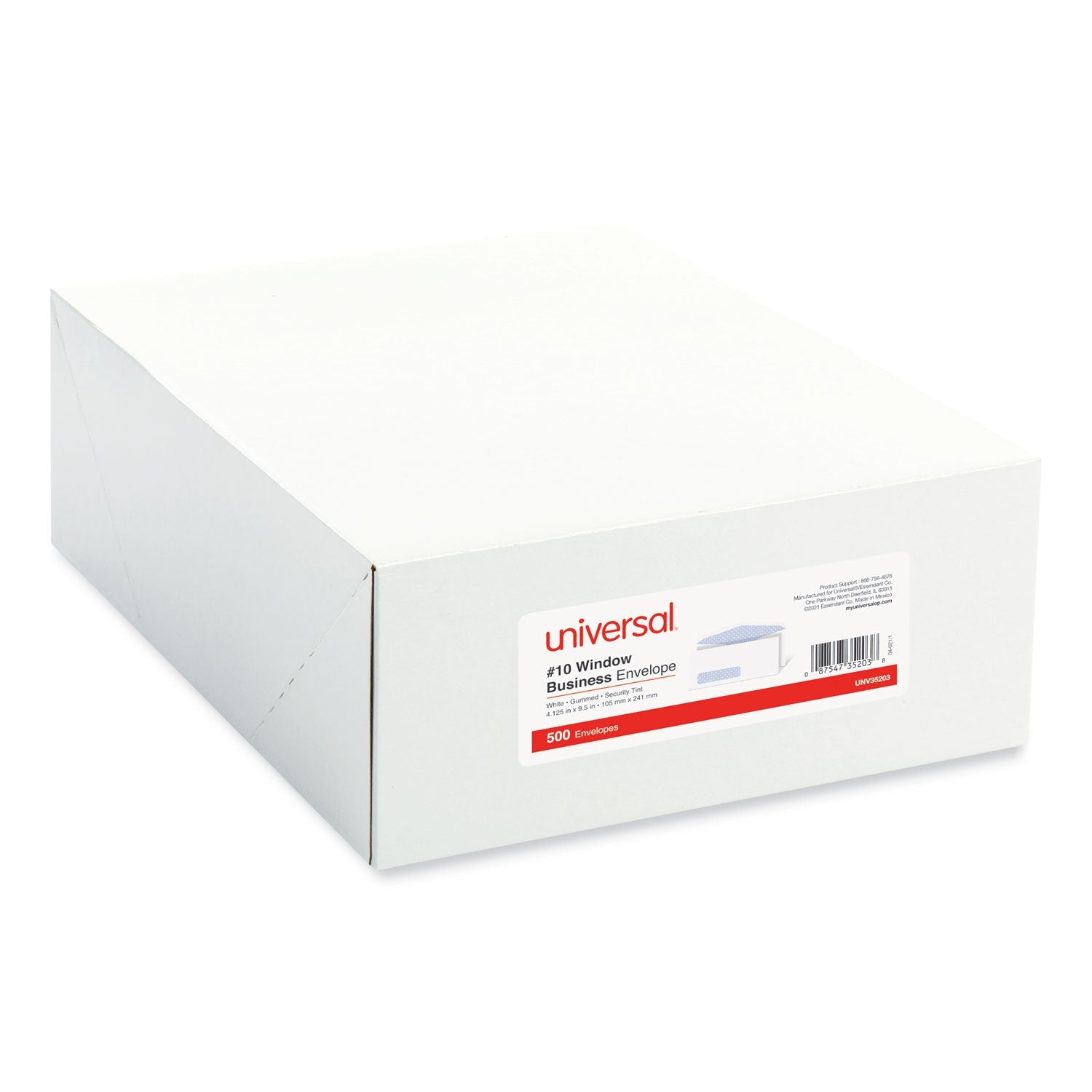 Universal Open-Side Security Tint Business Envelope, 1 Window, #10, Commercial Flap, Gummed Closure, 4.13 x 9.5, White, 500/Box
