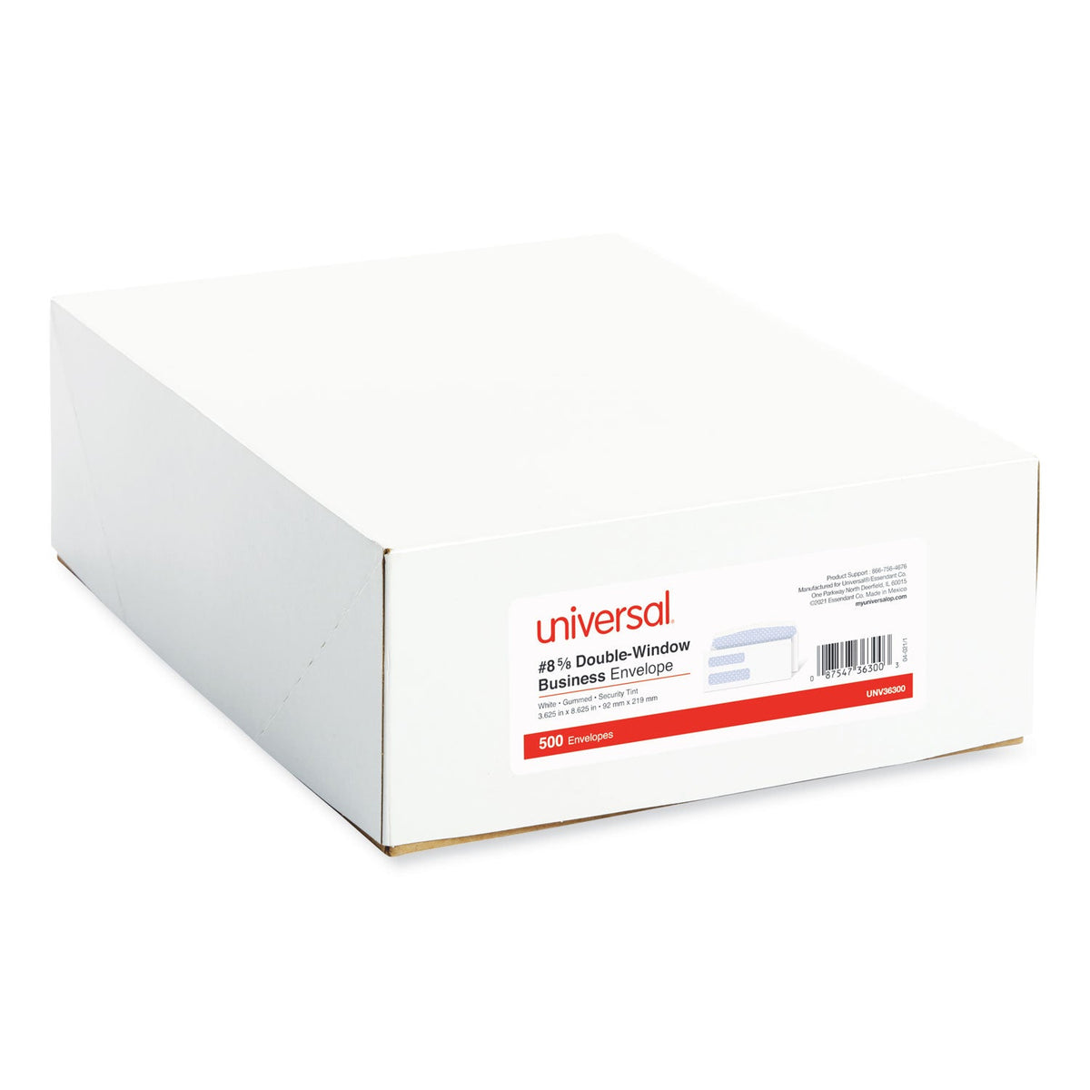Universal Double Window Business Envelope, #8 5/8, Commercial Flap, Gummed Closure, 3.63 x 8.63, White, 500/Box