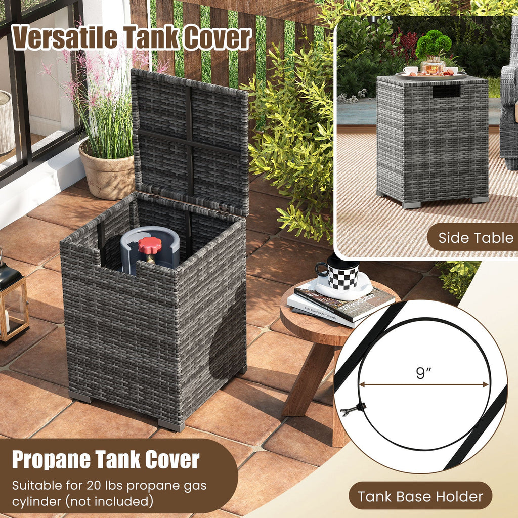 2-Piece Outdoor Rattan Fire Table Set 32 Inch Rectangle Gas Firepit with Tank Cover