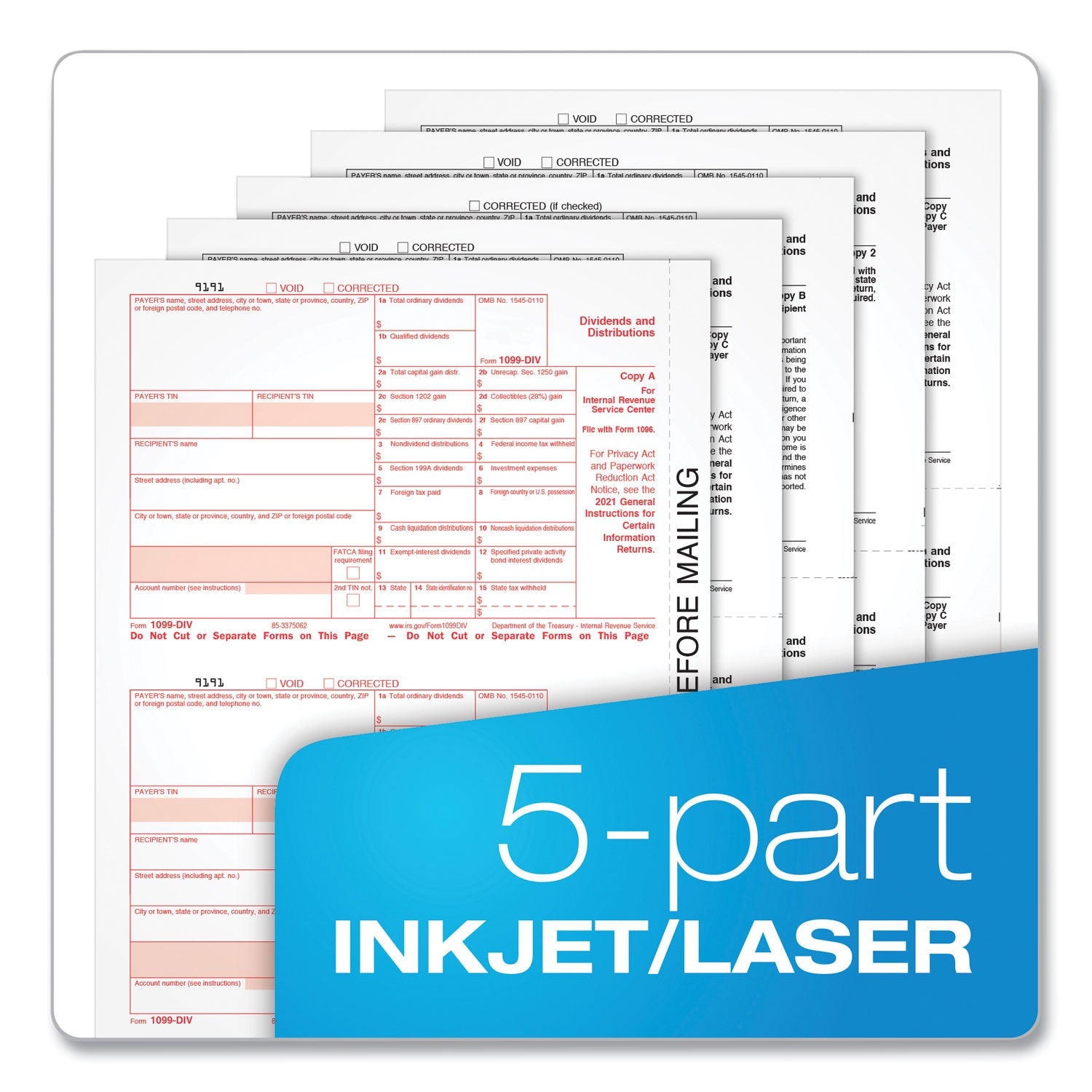 TOPS 1099-Div Tax Forms, Five-Part Carbonless, 5.5 x 8, 2/Page, (24) 1099s and (1) 1096