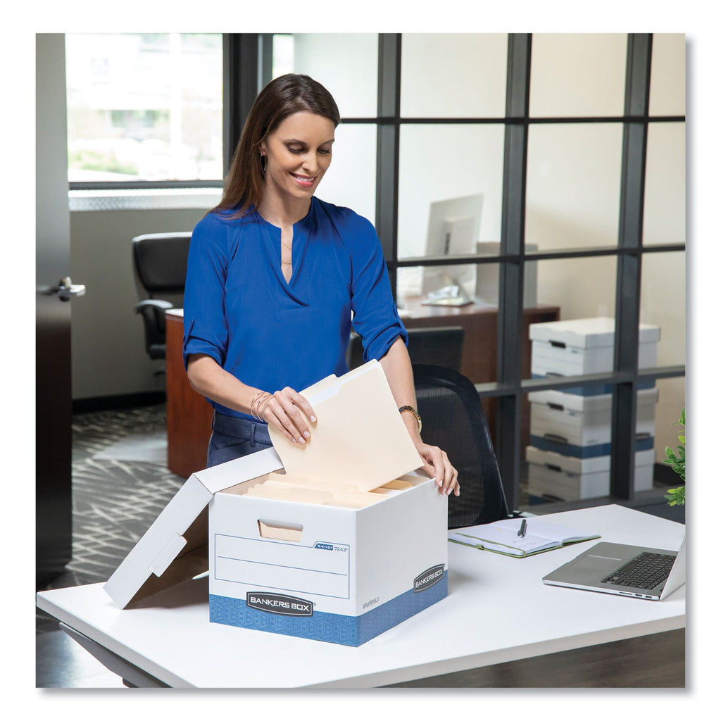 Bankers Box STOR/FILE Medium-Duty Letter/Legal Storage Boxes, Letter/Legal Files, 12.75" x 16.5" x 10.5", White/Blue, 4/Carton