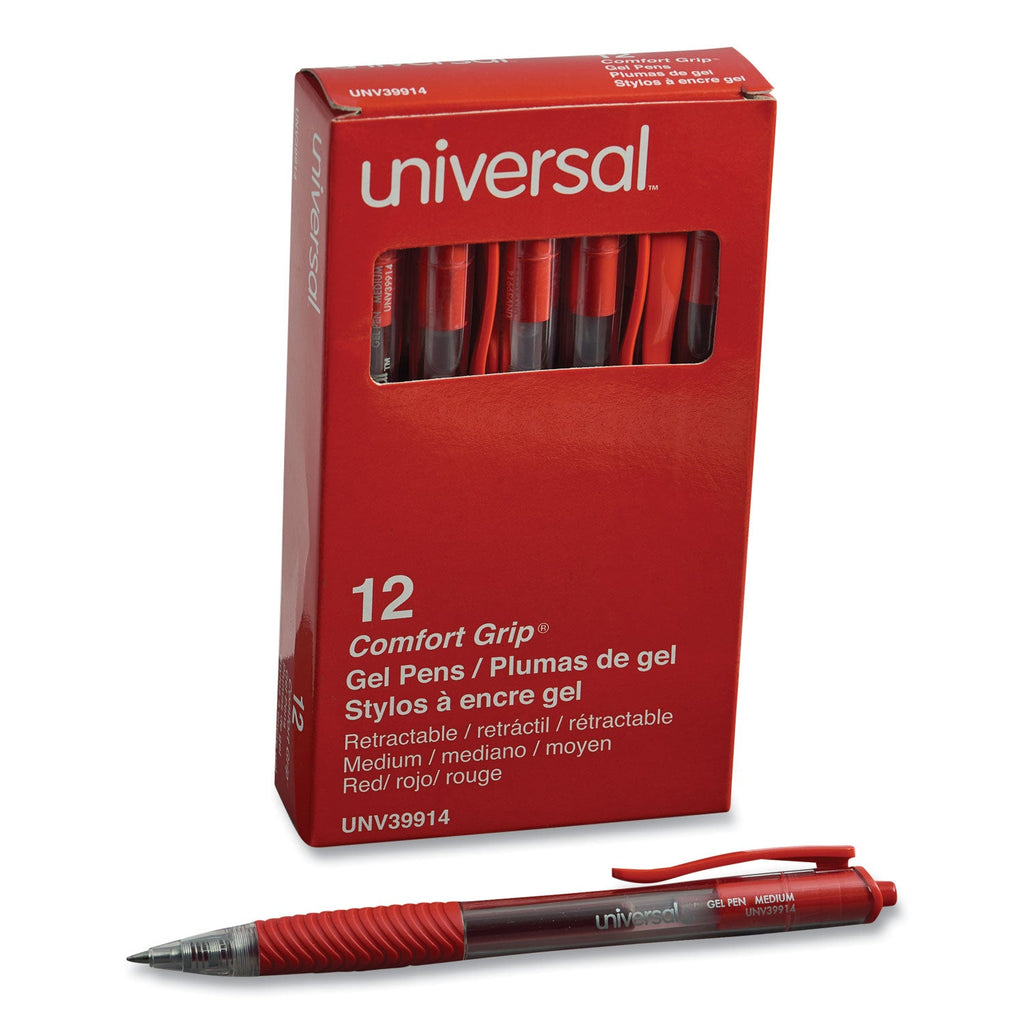 Universal Comfort Grip Gel Pen, Retractable, Medium 0.7 mm, Red Ink, Translucent Red Barrel, Dozen