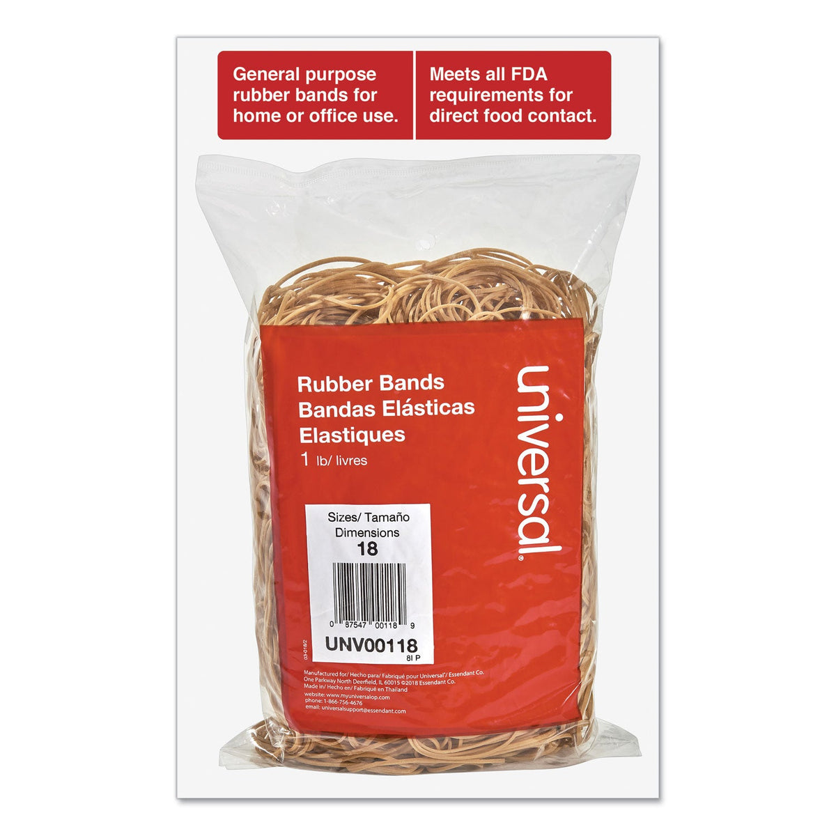 Universal Rubber Bands, Size 18, 0.04" Gauge, Beige, 1 lb Box, 1,600/Pack